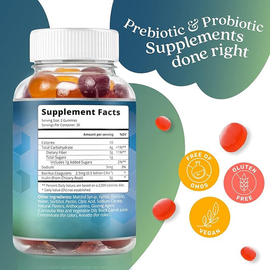 BeLive Synbiotics - Probiotic & Prebiotic Fiber Gummies – High Strength Inulin (3g), Dietary Fiber Supplement, Digestive Support for Kids & Adults - Strawberry, Lemon, Blueberry Flavor | 2-Pack