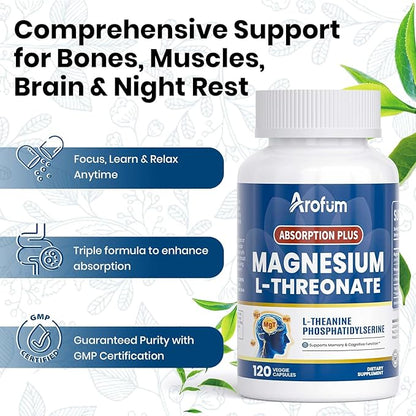 Magnesium L-Threonate | for Cognitive Support, Nighttime Restoration and Musculoskeletal Function | Non-GMO, Gluten-Free | 120 Vegetarian Capsules
