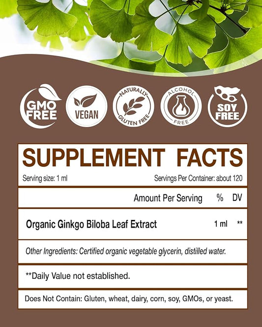 Ginkgo Biloba Liquid Extract 120ml, Organic 98% Absorption, 4 fl