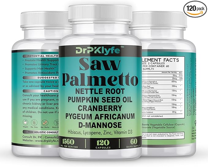 Internist Recommended, 30 yrs Exp. : Saw Palmetto, Nettle Root, Pumpkin Seed Oil, Cranberry, Pygeum Africanum,D-Mannose, Hibiscus,Lycopne: 1560 mg:Bladder, Prostate & Hair Health.