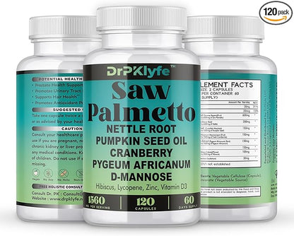 Internist Recommended, 30 yrs Exp. : Saw Palmetto, Nettle Root, Pumpkin Seed Oil, Cranberry, Pygeum Africanum,D-Mannose, Hibiscus,Lycopne: 1560 mg:Bladder, Prostate & Hair Health.