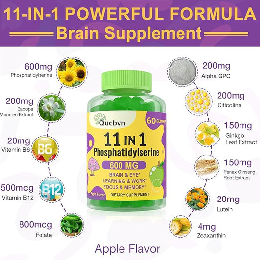 Phosphatidylserine Supplement 600mg, Alpha Brain Gummies B6 & B12, Bacopa 120 Count