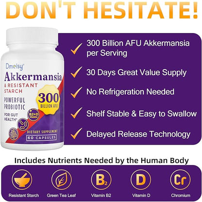 GLP-1 Supplement - 300 Billion AFU Akkermansia Muciniphila, Akkermansia Probiotic for Women & Men, for Boost GLP-1, Digestive, Gut, Immunity, Enhances Gut Lining Function & Intestinal Walls, 60 Count