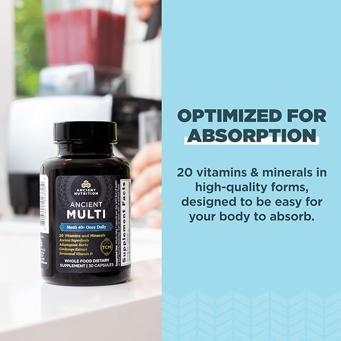 Multivitamin for Men by Ancient Nutrition, 40+ Once 30 Ct, K2, Supports