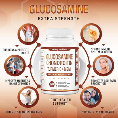 Purely Optimal Glucosamine Chondroitin MSM Supplement w/Turmeric & Boswellia - Glucosamine Sulfate Joint Supplement for Men & Women - 120 Tablets