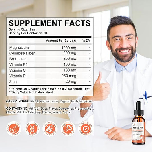 (2 Pack) Magnesium Glycinate Liquid Drops,1000mg B6, C,