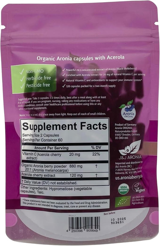 Aronia Original Organic Aronia Berry Capsules (120 Count) 440 mg 20:1 Aronia 60 mg