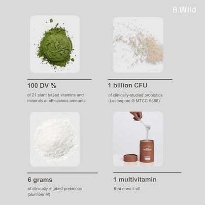 Multivitamin Drink Mix | B.Wild Plant Based Antioxidant Drink | Prebiotics and Probiotics for Digestive Health | Fruit Punch Flavor - 300 g