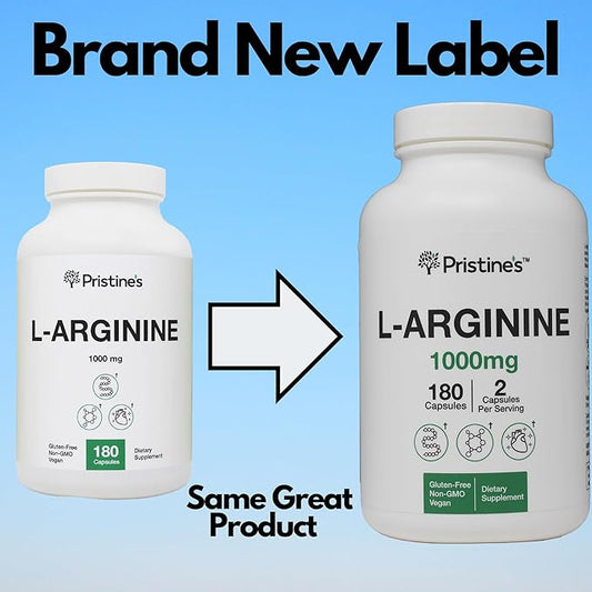 PRISTINE'S L Arginine Supplements for Men & Women - 1000mg Capsules 90 Day Supply Blood Flow & Pre Workout Amino Acid Support