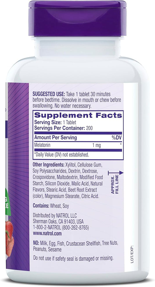 Natrol Melatonin 1mg, Strawberry-Flavored Dietary Supplement 200 Fast-Dissolve 200 Day