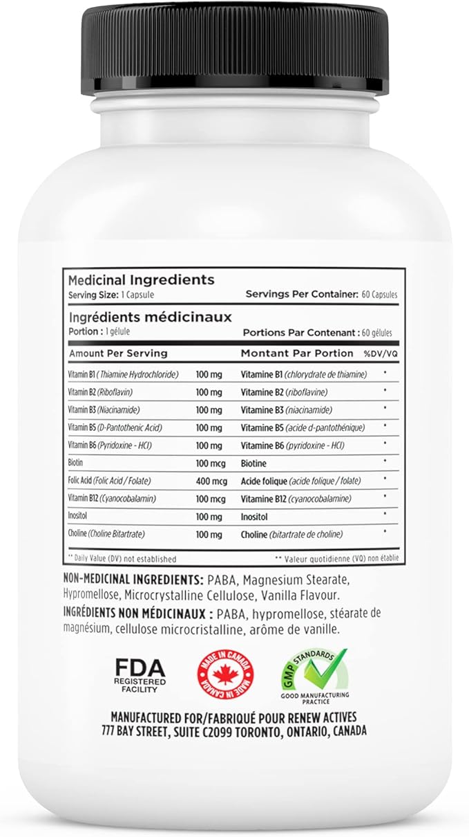 Renew Actives Vitamin B Complex 100: 100% of B1, B2, B2, B3, B3, B5, B5, B-6, B-6, B-12. B-12. Promotes 60 Caps