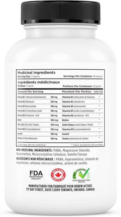 Renew Actives Vitamin B Complex 100: 100% of B1, B2, B2, B3, B3, B5, B5, B-6, B-6, B-12. B-12. Promotes 60 Caps