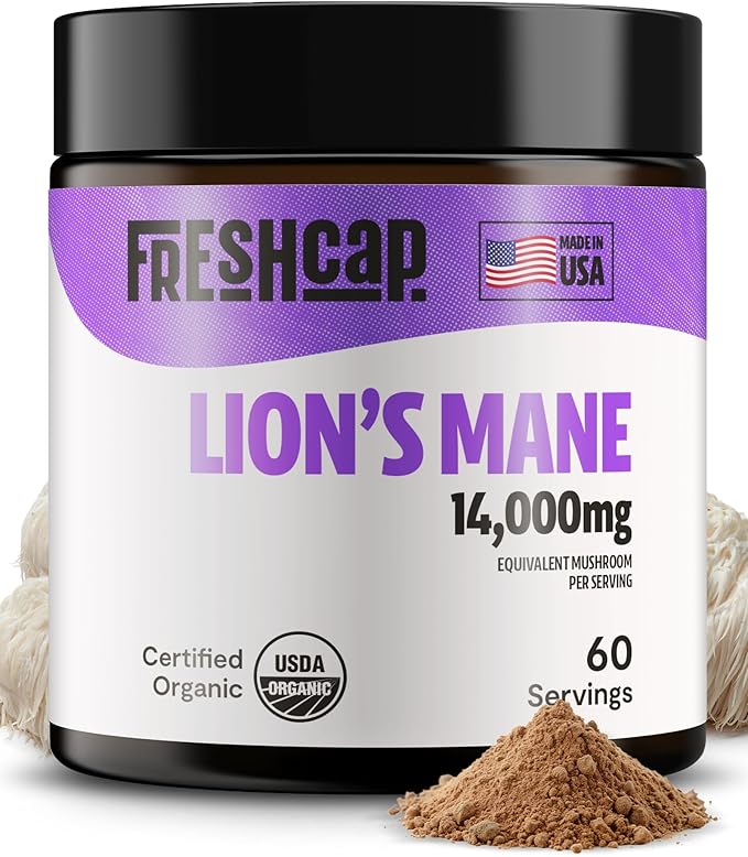 FreshCap Lions Mane Supplement Powder 14,000mg - Lions Mane Mushroom, Lions Mane Extract, Lion's Mane Mushroom, Mushroom Supplement for Focus & Memory, Organic Lions Mane Powder (60 Servings)
