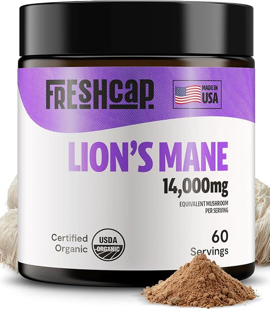 FreshCap Lions Mane Supplement Powder 14,000mg - Lions Mane Mushroom, Lions Mane Extract, Lion's Mane Mushroom, Mushroom Supplement for Focus & Memory, Organic Lions Mane Powder (60 Servings)