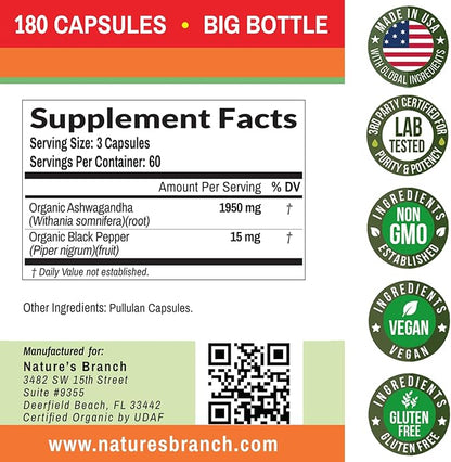 UDAF Certified Organic Ashwagandha with Black Pepper - 180 Capsules - 1965mg Extra Strength for Stress, Sleep, Mood, Thyroid, Focus, Hair, Vegan Pure Root Extract Powder - Men and Women Supplements