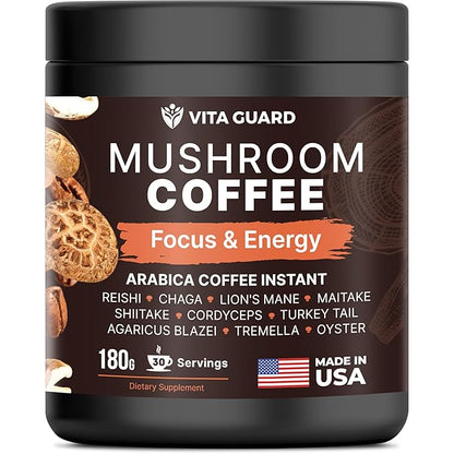 10-Mushroom Blend Coffee | Lion's Mane, Cordyceps, Reishi & More | Rich Arabica Instant Coffee with Coconut Powder | Boost Focus & Immune System