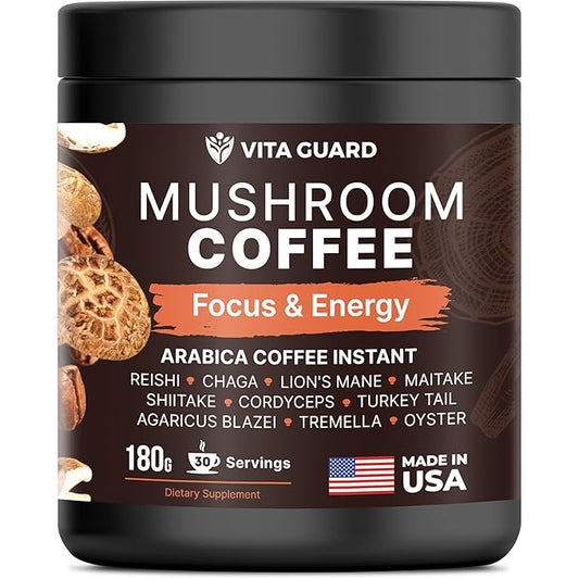 10-Mushroom Blend Coffee | Lion's Mane, Cordyceps, Reishi & More | Rich Arabica Instant Coffee with Coconut Powder | Boost Focus & Immune System