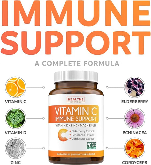 Immune Support Supplement (Non-GMO) Elderberry Vitamin 500mg Immune 180 Vegetarian