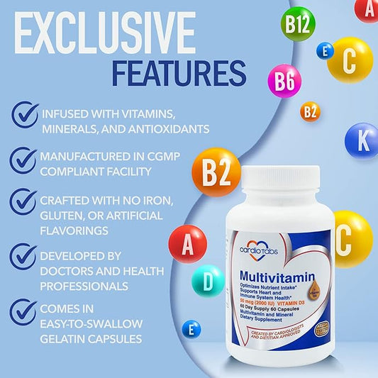 Multivitamin - Heart and Immunity Supplements 2000 IU D3, 60-Count 60-Count Bottle