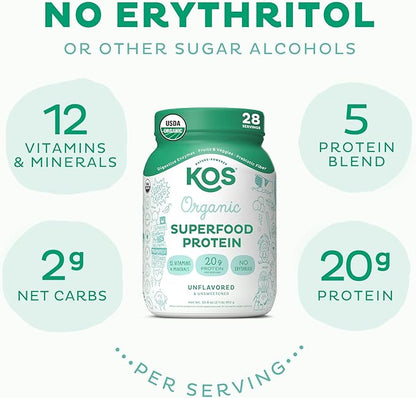 KOS Vegan Protein Powder, Unflavored & Unsweetened 28 Servings
