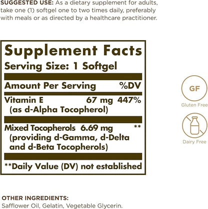 Solgar Vitamin E 67 mg (100 IU) 100 Softgels, 2 - 200 Total