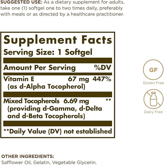 Solgar Vitamin E 67 mg (100 IU) 100 Softgels, 2 - 200 Total