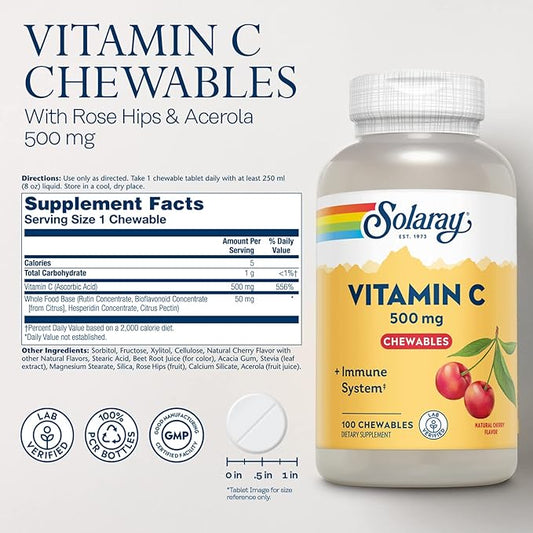 SOLARAY Chewable Vitamin C 500 mg, 60-Day Guarantee, 100 Servings, 100 Chewables