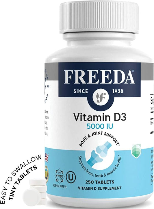 FREEDA Vitamin D3-5000 IU - Pure High Potency Kosher Supplement Tablets - Bone and Muscle Health, Calcium Absorption, Immune Support for Men and Women* - 250 Count