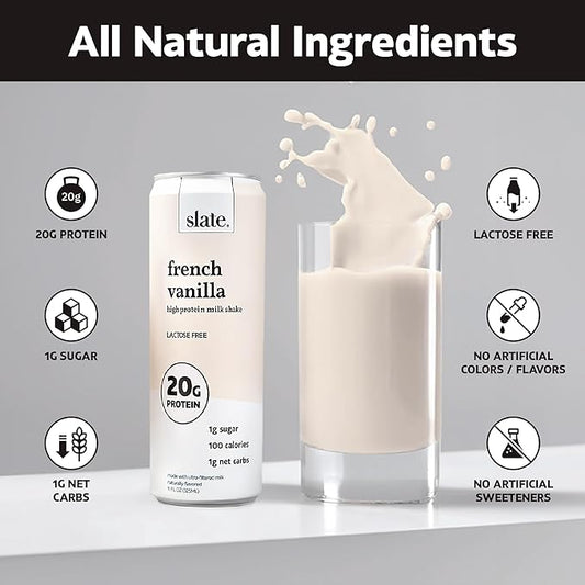 Slate Milk - High Protein Milk Shake - French Vanilla - Lactose Free, 20g Protein, 1g Sugar, 100 Calories, 1g Net Carbs, No Added Sugar - Natural, Breakfast Boost, Post Workout - 11 fl oz, 24 Cans