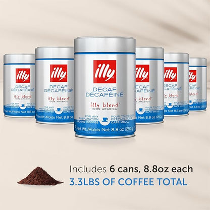 illy Ground Coffee Espresso - 100% Arabica Coffee Ground – Classico Decaf Roast - Notes of Caramel, Toasted Bread & Chocolate - Rich Aromatic Profile - No Preservatives – 8.8 Ounce, 6 Pack