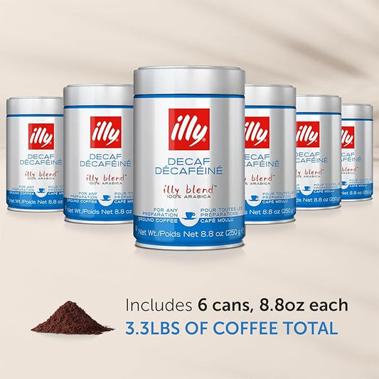 illy Ground Coffee Espresso - 100% Arabica Coffee Ground – Classico Decaf Roast - Notes of Caramel, Toasted Bread & Chocolate - Rich Aromatic Profile - No Preservatives – 8.8 Ounce, 6 Pack