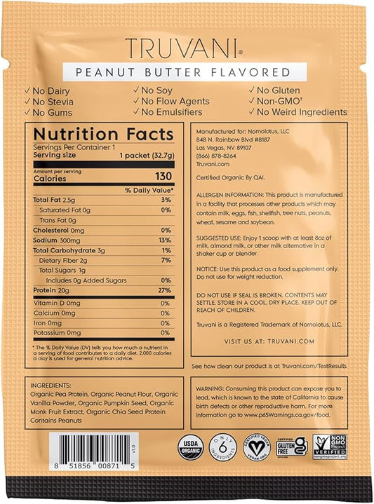 Truvani Vegan Pea Protein Powder 20g Organic 1 Serving