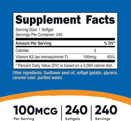 Nutricost Vitamin K2 MK-7 100 mcg, 240 Softgels - Gluten Free and Non-GMO MK7
