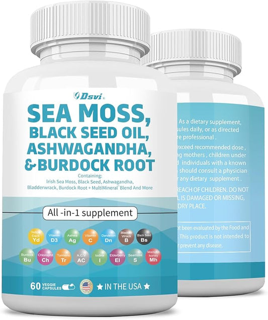 Sea Moss 3000mg Black Seed Oil 2000mg Ashwagandha 1000mg Bladderwrack 1000mg Turmeric 1000mg Burdock 1000mg Vitamin D3 Elderberry Women,60 Count