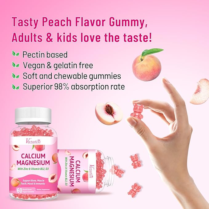 Calcium Magnesium Zinc Gummies with Vitamin D3 & B12, Sugar