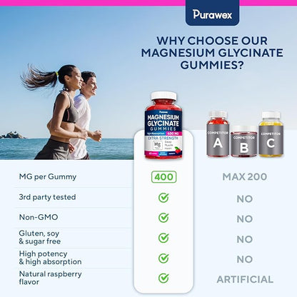 Magnesium Glycinate Gummies 400mg, High Absorption Magnesium Supplement for Adults and Kids, Sugar Free, Gelatin Free, Vegan Friendly, 60 Day Supply