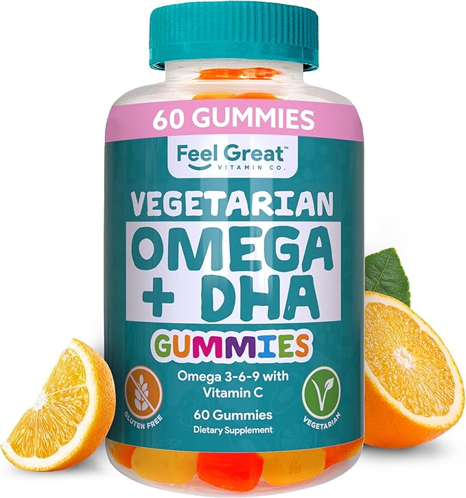 Feel Great Omega & DHA Gummies for Adults Plant Based Omega 3 Fish Oil Alternative | Vegetarian | Vitamin C, Chia, and Omega3, Supports Brain, Immune, Prenatal Functions, (60 Count)