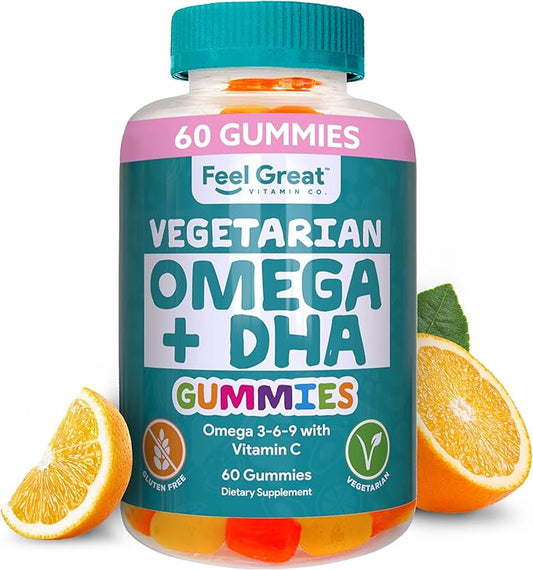 Feel Great Omega & DHA Gummies for Adults Plant Based Omega 3 Fish Oil Alternative | Vegetarian | Vitamin C, Chia, and Omega3, Supports Brain, Immune, Prenatal Functions, (60 Count)
