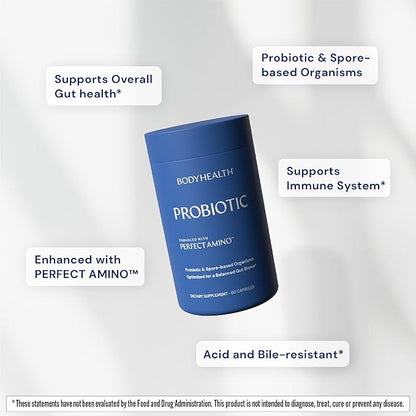 BodyHealth Probiotic Enhanced with PerfectAmino, Digestive Probiotic for Women and Men, Spore Based Probiotic with Bifidobacterium, Lactobacillus Salivarius, Lactobacillus Acidophilus (60 Capsules)