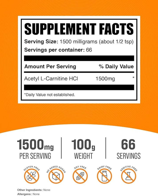 BulkSupplements.com Acetyl L-Carnitine Powder - ALCAR Powder, Acetyl L-Carnitine 1500mg, Carnitine Supplement - Gluten Free, 1500mg per Serving, 100g (3.5 oz) (Pack of 1)