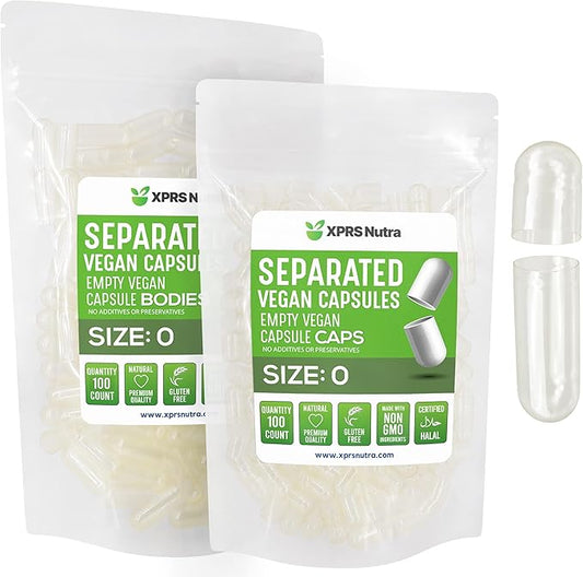 XPRS Nutra Vegan Size 0 Separated Capsules - 100 Count Premium Empty Capsules Separated in Bags - Clear Separated Empty 0 Capsules - Pill Capsules Empty for DIY Supplement Filling