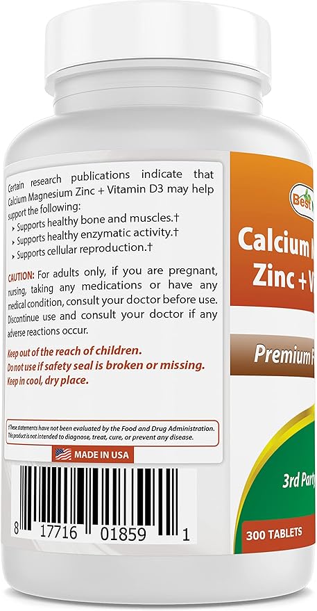 Best Naturals Calcium Magnesium Zinc D3, 300 300 Tablets 1000 mg, 400 mg, 25 mg D3 600 600 IU (3 Tablets)