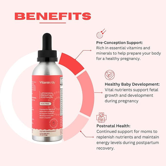 Liposomal Liquid prenatal+ Postnatal - Iron Free | Sugar Free | Non-GMO | Gluten Free| Supports Baby Development and Moms Health Throughout The Pregnancy and Nursing