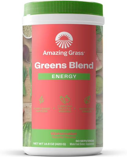 Amazing Grass Greens Superfood Energy: Greens Powder with Plant Based Caffeine, Matcha Green Tea & Beet Root Powder, Watermelon, 60 Servings (Packaging May Vary)