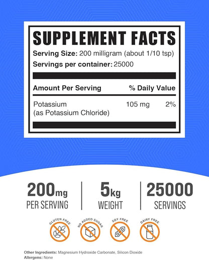 BulkSupplements.com Potassium Chloride Powder - Potassium Supplement Powder, Potassium Chloride Salt Substitute, Potassium Salt - Gluten Free, 200mg per Serving, 5kg (11 lbs) (Pack of 5)