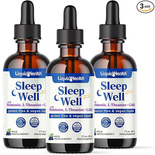 LIQUIDHEALTH Sleep Well Natural Sleep Aid Melatonin Drops - Better Sleep & Mood, Relax & Calm Mind, Fall Asleep Faster Stay Asleep Longer - Vegan, Sugar Free, Drug Free, Non-GMO, Great Taste (3-Pack)