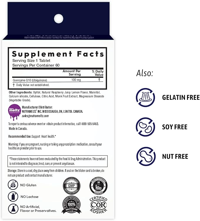 CoQ10 100 mg – Coenzyme Q10 Supports Heart Health, Enhances Energy Production Quick Dissolving Tablets for Enzyme Deficiency – Raspberry & Lemon Flavor (60 Tablets)