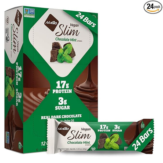 Nugo Slim Dark Chocolate Mint, 18g Vegan Protein, 3g Sugar, 6g Fiber, Low Net Carb, Keto Friendly, Gluten Free, 24 Count