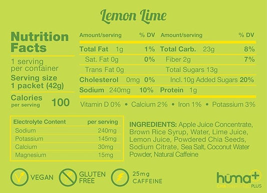 Huma Plus (Double Electrolytes) - Chia Energy Gel, Lemon Lime, 12 Gels, 25mg Caffeine - Stomach Friendly, Real Food Energy Gels