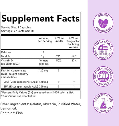 Premom Prenatal DHA Fish Oil: Triglyceride 3 with 470mg DHA, 200mg EPA 400 IU D3 Supplement